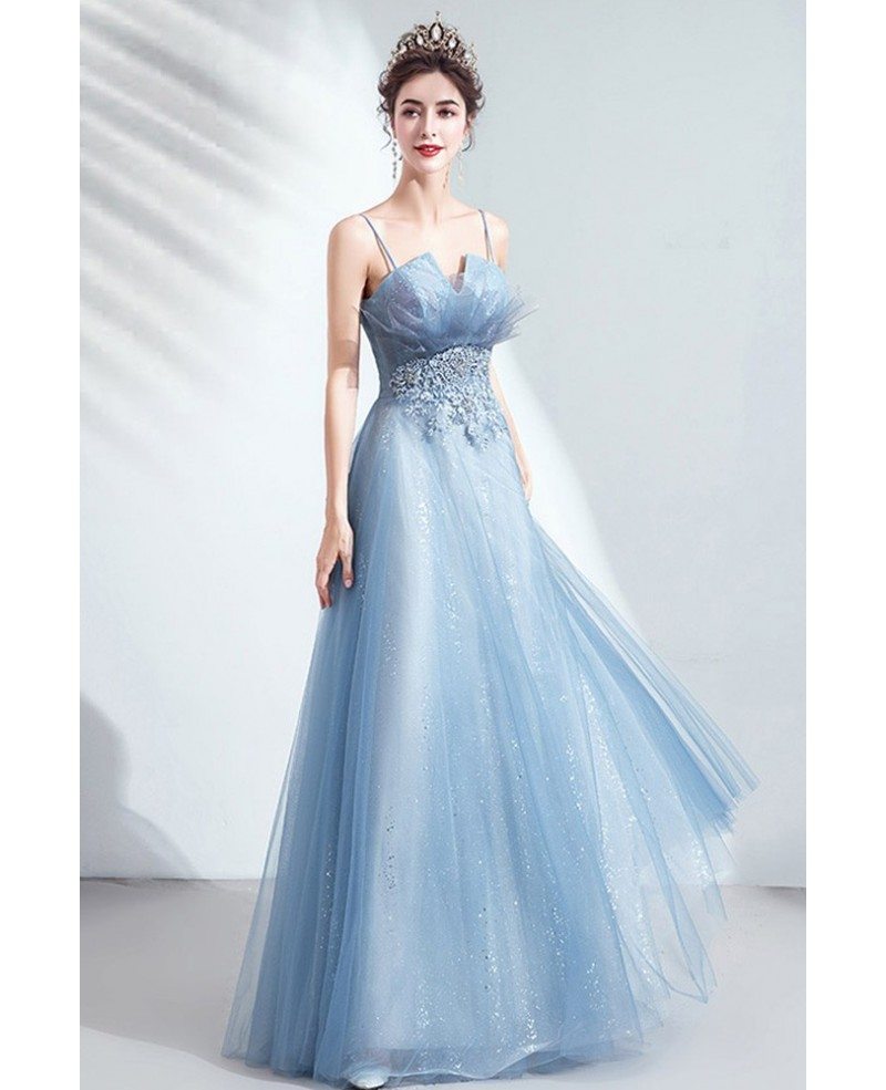 Simple Blue Bling Tulle Prom Dress With Appliques Spaghetti Straps ...