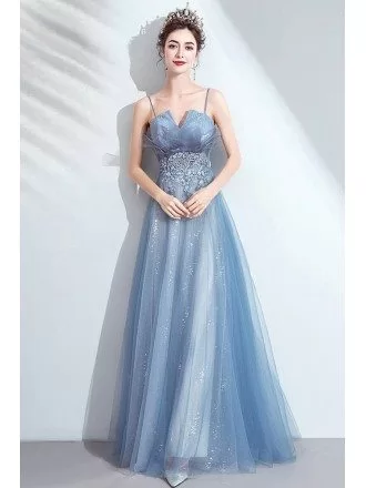 Simple Blue Bling Tulle Prom Dress With Appliques Spaghetti Straps