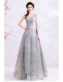 Shinning Silver Sequins Modest Vneck Prom Dress With Laceup