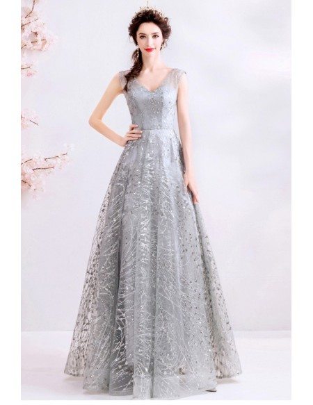 Shinning Silver Sequins Modest Vneck Prom Dress With Laceup