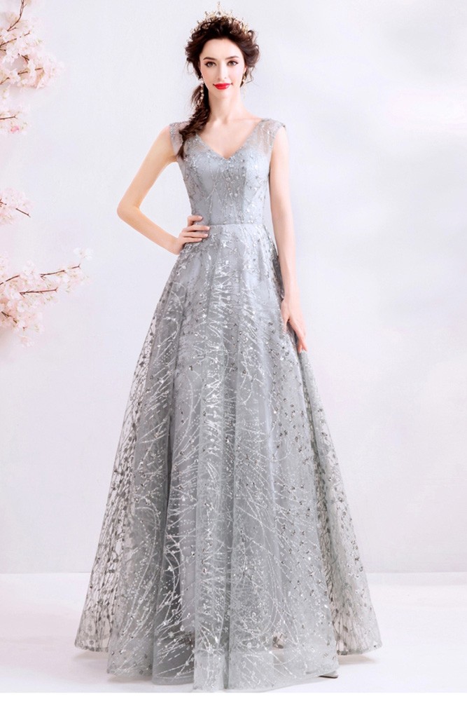 Shinning Silver Sequins Modest Vneck Prom Dress With Laceup Wholesale  #T16060
