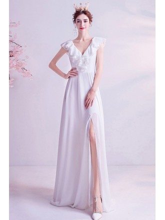 Simple Vneck Aline Beach Chiffon Wedding Dress With Side Slit