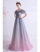 Mistery Ombre Blue Purple Bling Sequins Prom Dress With Ruffled Cap Sleeves