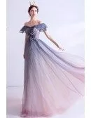 Mistery Ombre Blue Purple Bling Sequins Prom Dress With Ruffled Cap Sleeves