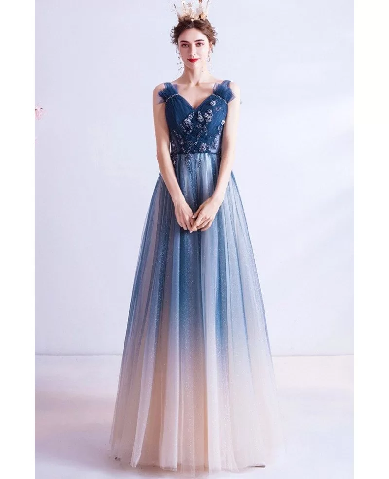 Special Ombre Blue Tulle Vneck Long Prom Dress With Beadings Wholesale #T16091 - GemGrace.com