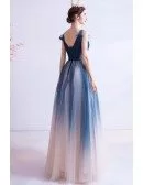 Special Ombre Blue Tulle Vneck Long Prom Dress With Beadings