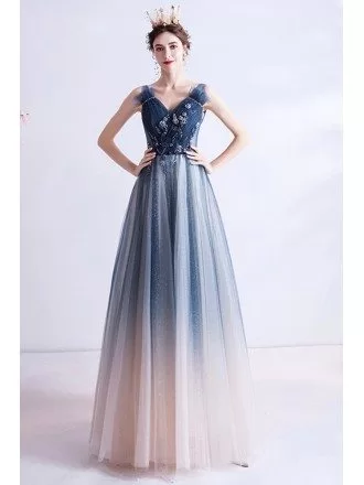 Special Ombre Blue Tulle Vneck Long Prom Dress With Beadings