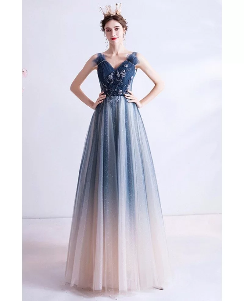 Special Ombre Blue Tulle Vneck Long Prom Dress With Beadings Wholesale ...