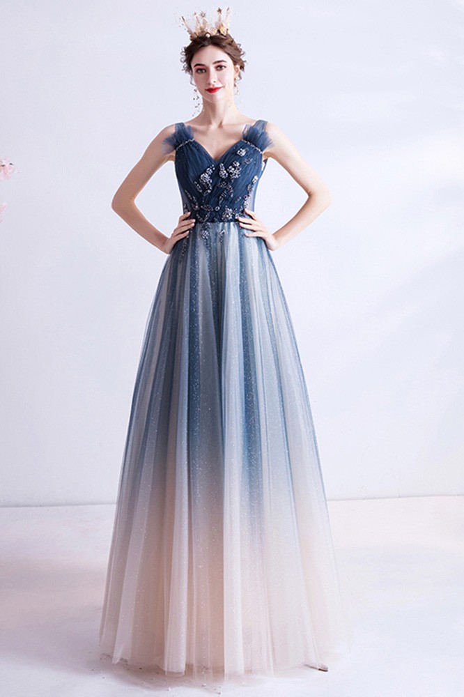 Special Ombre Blue Tulle Vneck Long Prom Dress With Beadings Wholesale ...
