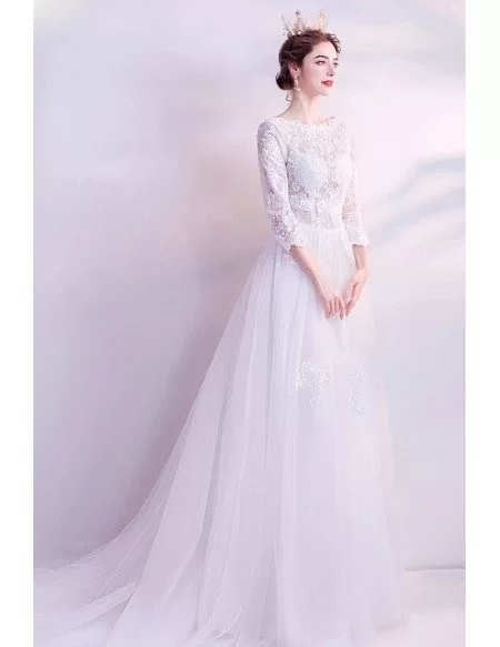 Aline Long Tulle Boho Lace Wedding Dress With 3/4 Sleeves