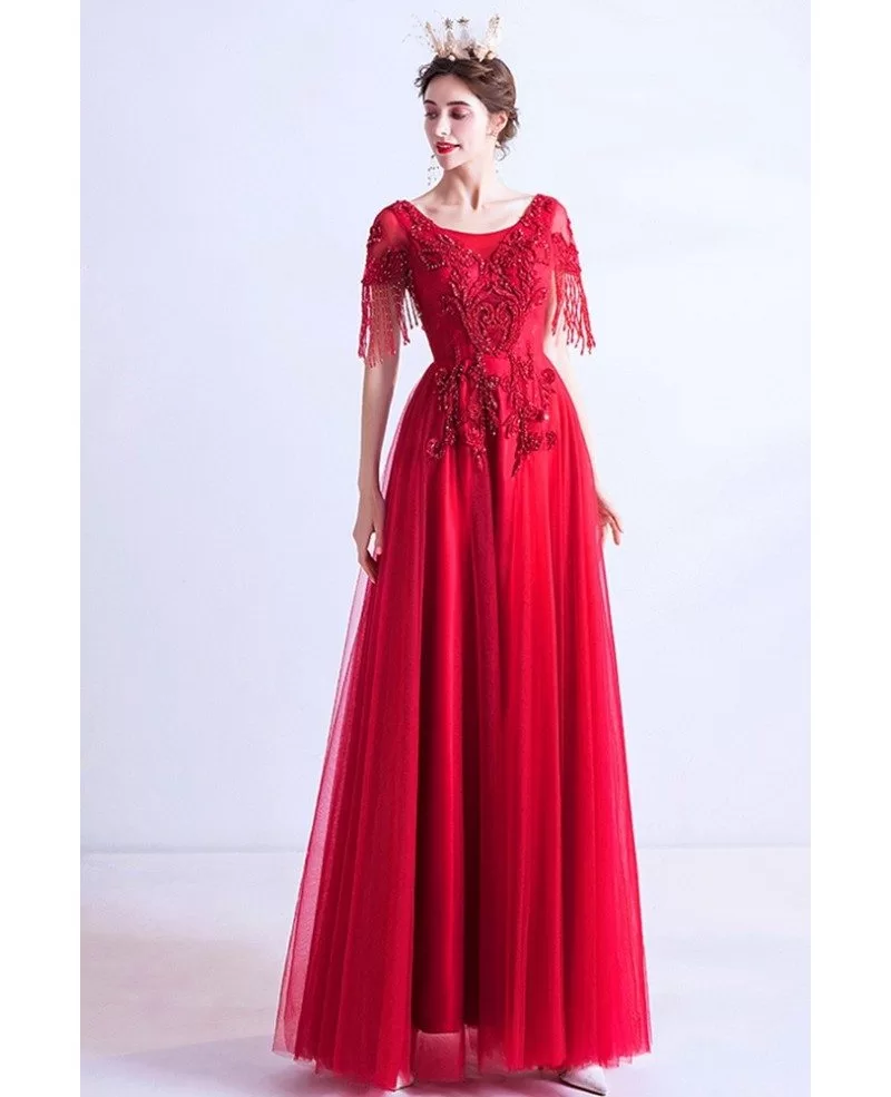 Red Aline Long Tulle Round Neck Prom Dress With Beaded Cap Sleeves ...