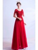 Red Aline Long Tulle Round Neck Prom Dress With Beaded Cap Sleeves