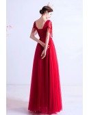 Red Aline Long Tulle Round Neck Prom Dress With Beaded Cap Sleeves