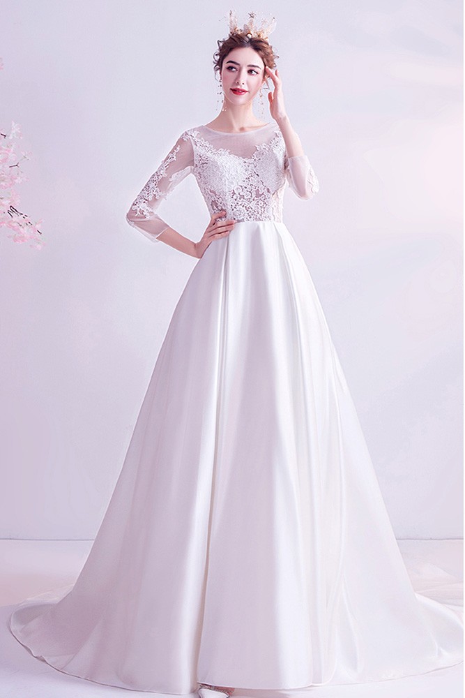 Aline Lace 3/4 Sleeves Satin Wedding Dress With Train Wholesale #T16009 ...