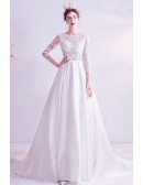 Aline Lace 3/4 Sleeves Satin Wedding Dress With Train