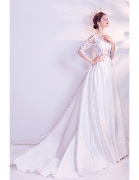Aline Lace 3/4 Sleeves Satin Wedding Dress With Train