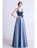 Special Blue Tulle Aline Evening Prom Dress With Straps