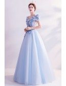 Blue Tulle Ballgown Super Cute Flowers Long Prom Dress With Cap Sleeves