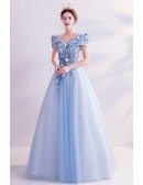 Blue Tulle Ballgown Super Cute Flowers Long Prom Dress With Cap Sleeves