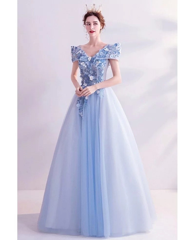 Blue Tulle Ballgown Super Cute Flowers Long Prom Dress With Cap Sleeves ...