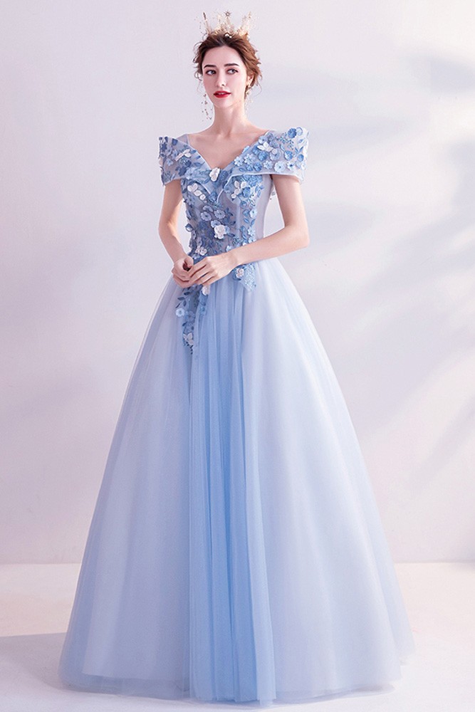 Blue Tulle Ballgown Super Cute Flowers Long Prom Dress With Cap Sleeves ...