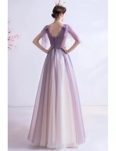Vneck Ombre Purple Aline Tulle Prom Dress For Teens