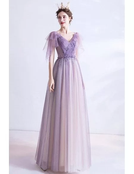 Vneck Ombre Purple Aline Tulle Prom Dress For Teens Wholesale #T16077 ...