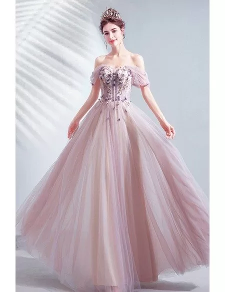 Gorgeous Dusty Purple Off Shoulder Flowy Tulle Prom Dress For Teens
