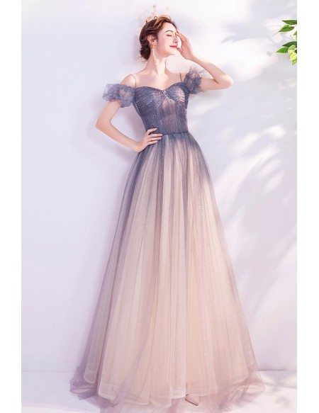 Fancy Star Bling Tulle Ombre Aline Prom Dress With Spaghetti Straps