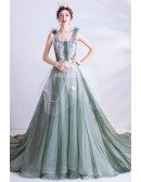 Unique Dusty Green Big Ballgown Formal Prom Dress With Tulle Decoration