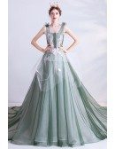 Unique Dusty Green Big Ballgown Formal Prom Dress With Tulle Decoration