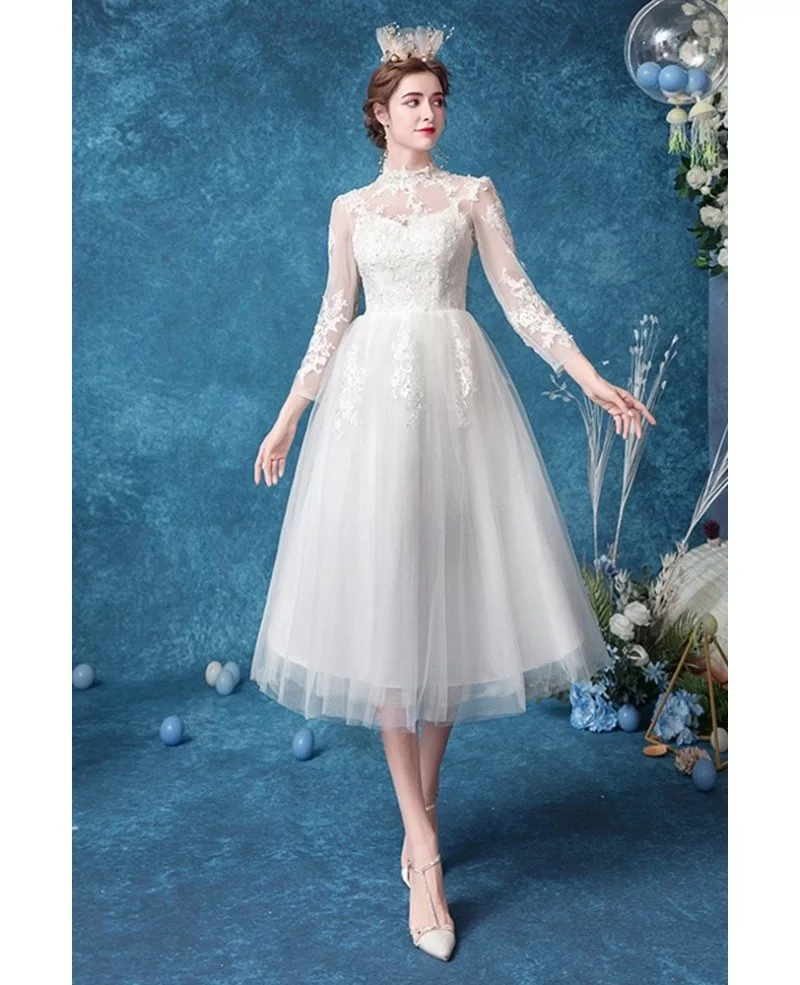 Retro Tea Length Lace Wedding Reception Dress With Tulle Sleeves ...