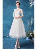 Retro Tea Length Lace Wedding Reception Dress With Tulle Sleeves