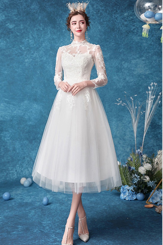 Retro Tea Length Lace Wedding Reception Dress With Tulle Sleeves ...