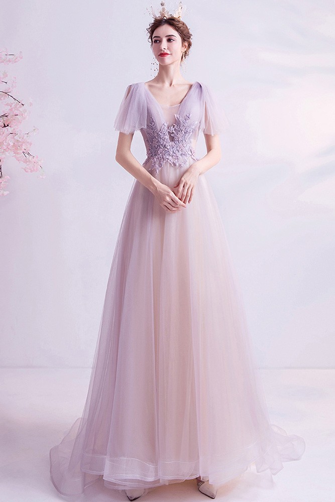 Pretty Light Purple Flowy Tulle Aline Prom Dress With Appliques ...