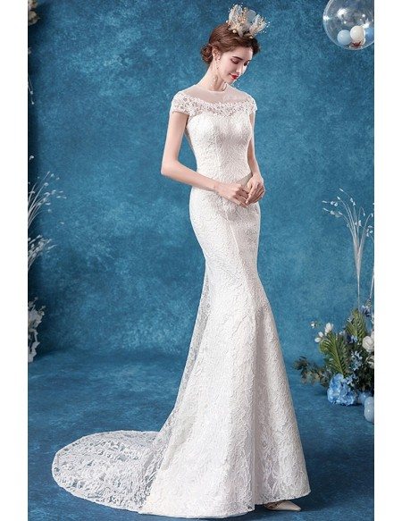 Romantic Lace Sheer Neck Cap Sleeved Fitted Wedding Dress With Train