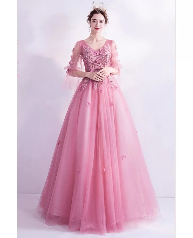 Fairytale Pink Petals Ballgown Prom Dress Flowers With Bubble Sleeves ...