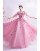 Fairytale Pink Petals Ballgown Prom Dress Flowers With Bubble Sleeves