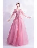 Fairytale Pink Petals Ballgown Prom Dress Flowers With Bubble Sleeves