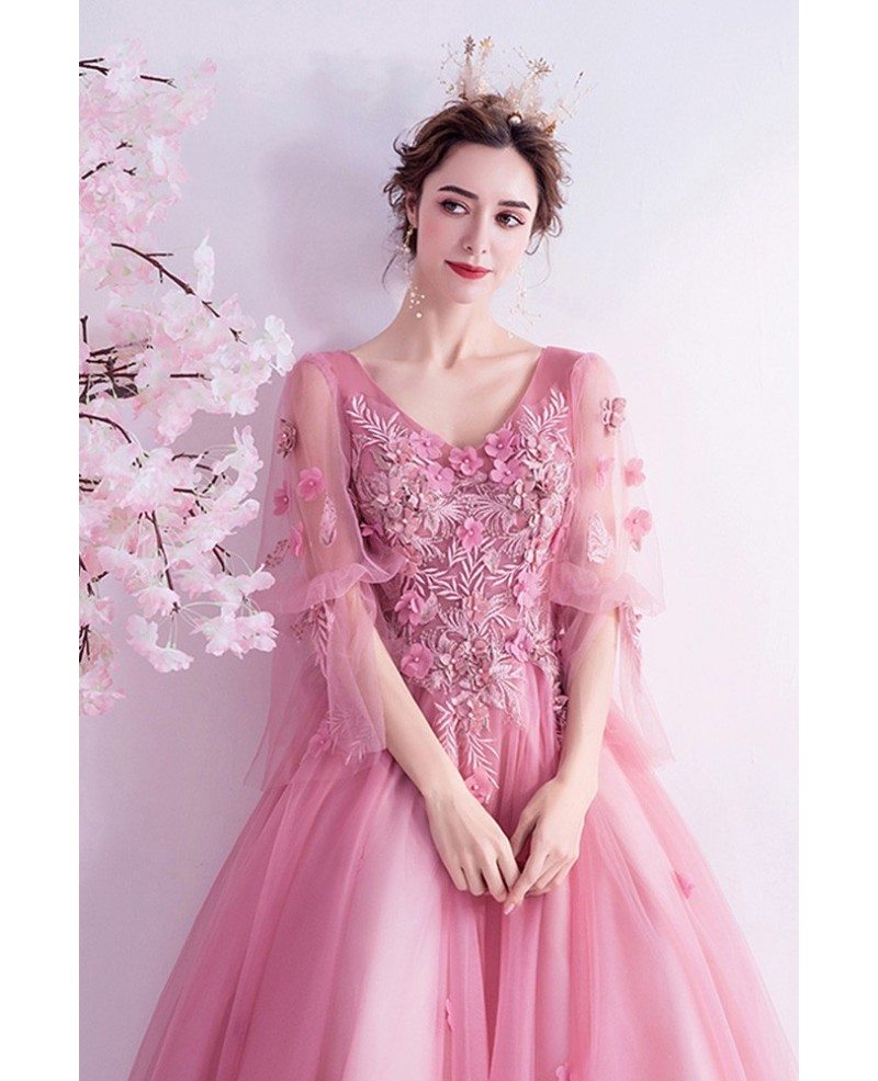 Summer Floral Bubble Sleeve Fairy Pink Dress Formal Long Dress Gown HOT