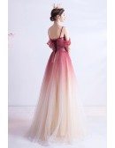 Tulle Ombre Red With Champagne Aline Long Prom Dress With Straps