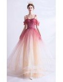 Tulle Ombre Red With Champagne Aline Long Prom Dress With Straps