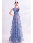 Blue With Sequined Flowers Sleeveless Long Prom Dress Aline With Bling