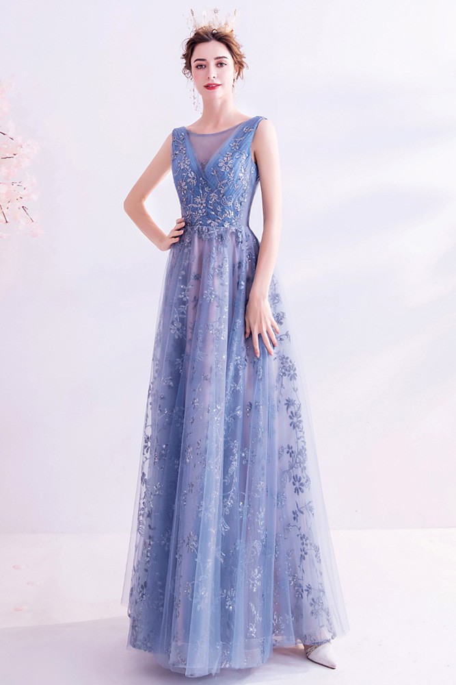 Blue With Sequined Flowers Sleeveless Long Prom Dress Aline With Bling ...