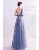 Blue With Sequined Flowers Sleeveless Long Prom Dress Aline With Bling