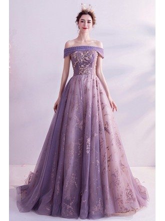 Bling Sequins Purple Ballgown Fantasy Prom Dress Off Shoulder