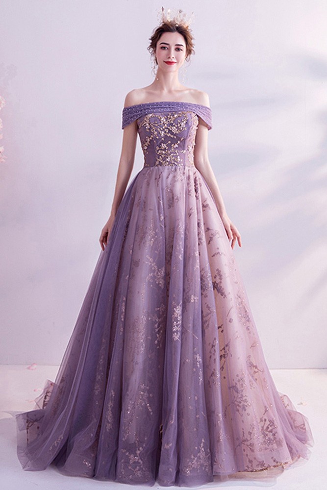 Bling Sequins Purple Ballgown Fantasy Prom Dress Off Shoulder Wholesale ...