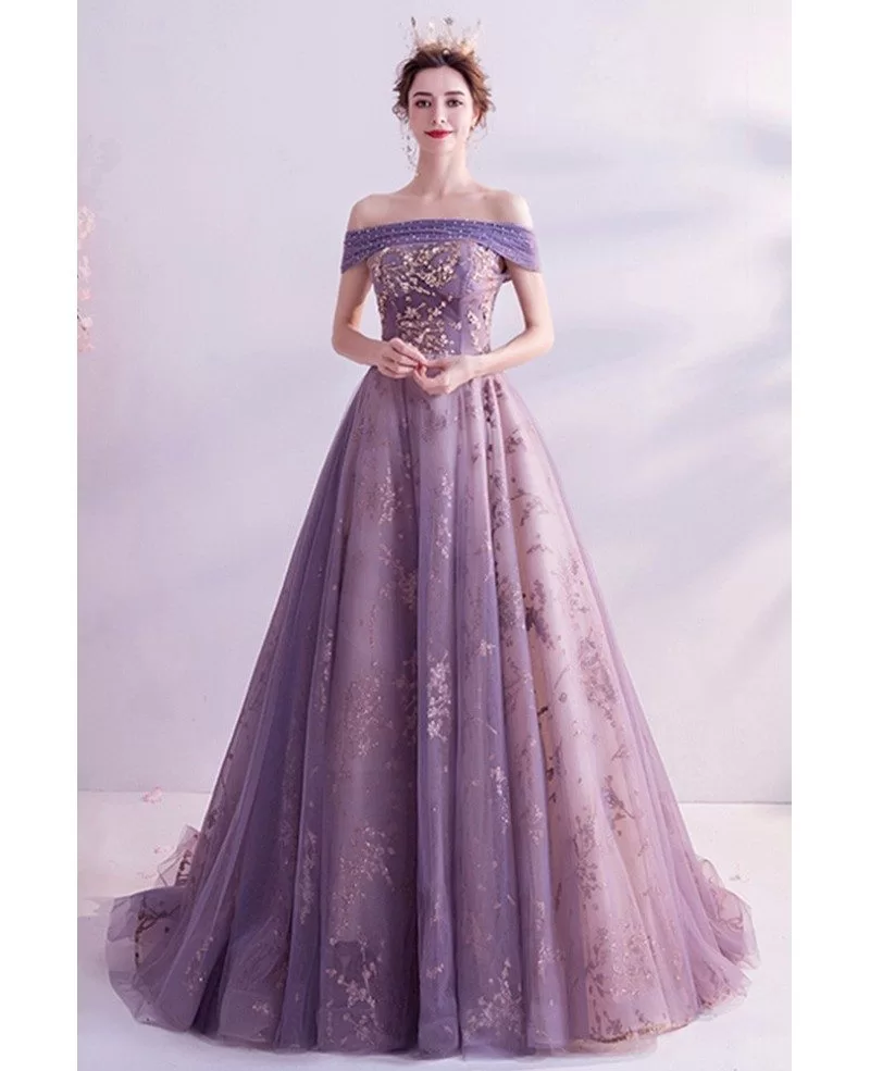 Zapakasa Women Purple A-Line Long Prom Dress with Slit Off the Shoulder  Party Dress with Appliques