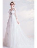 Fairytale Vneck Tulle Bubble Sleeved Wedding Prom Dress With Dotted Tulle