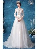 Boho Lace Sheer Top Tulle Wedding Dress With Sleeves